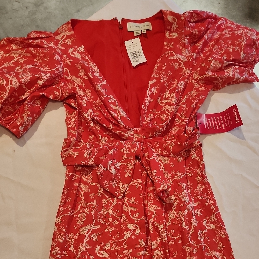 Sachin + Babi Coral-Red Floral Asymmetrical Wrap Dress - Picture 2 of 13